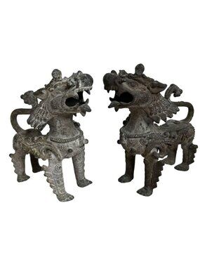 Nepalese Temple Guardian Lions Pair Of Vintage Chinese Statues
